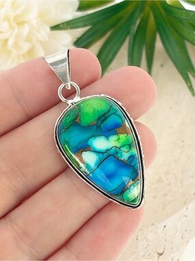 “Peacock Dahlia” Turquoise Pendant Chunky Southwest Sterling Silver 925 Overlay